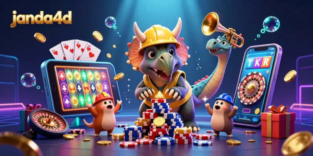 Permainan janda4d menampilkan triceratops yang membangun tumpukan chip poker di latar belakang yang dinamis.