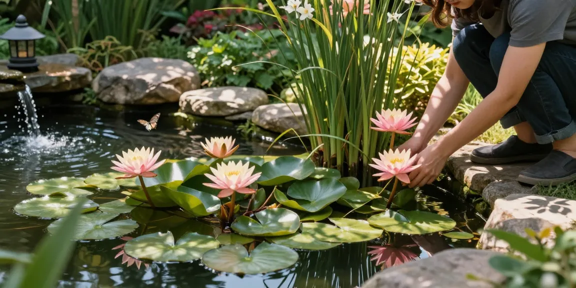 Buy Water Lilies in a tranquil pond garden with vibrant flowers and green surroundings.