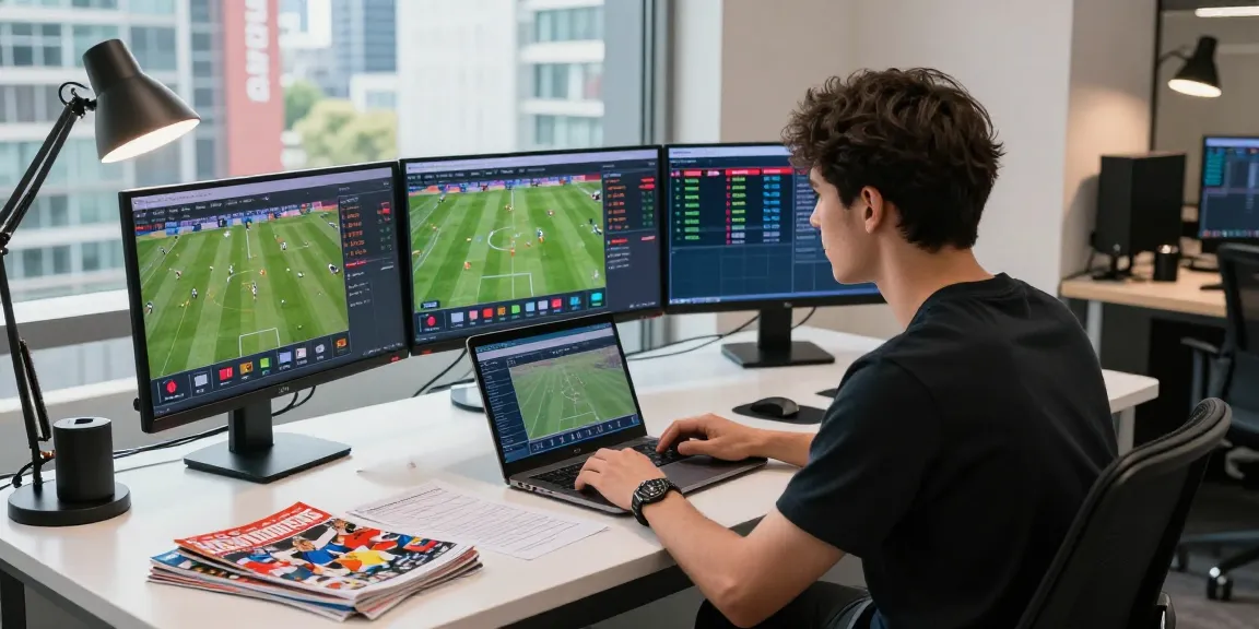 Male sports bettor analyzing tỷ lệ kèo nhà cái with multiple screens and betting materials in a modern office.