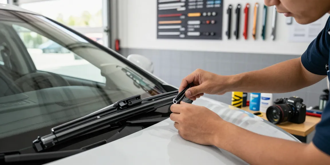 Hands-on inspection of a hybrid wiper blade installation in a bright automotive garage