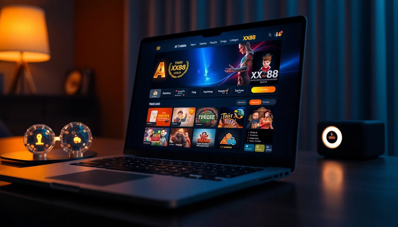 XX88 online gaming platform interface showing popular games with modern design and luxury colors.