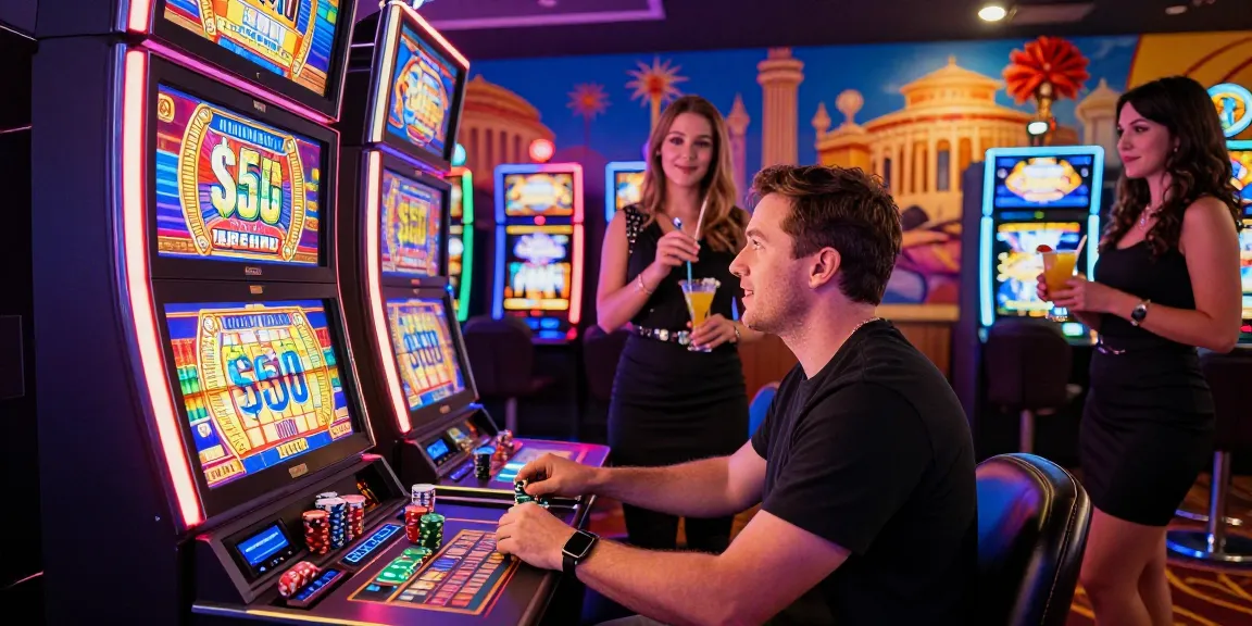 Excited player at a $5,000 slot 5000 machine in a vibrant casino environment