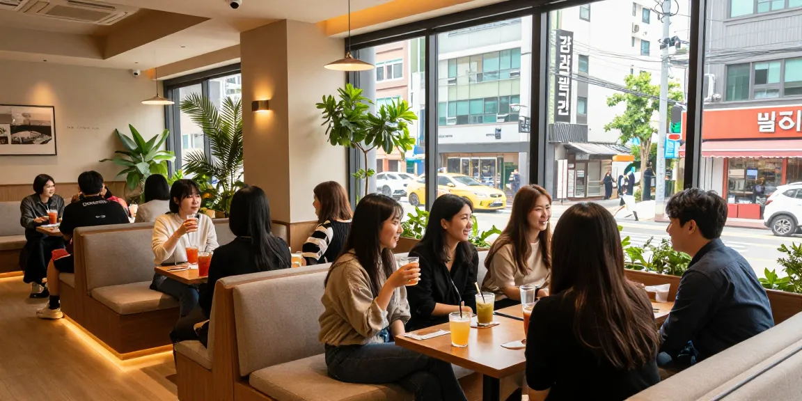 강남 멀리건의 아늑하고 세련된 내부 모습, 친구들이 모여 대화하며 음료를 즐기는 장면