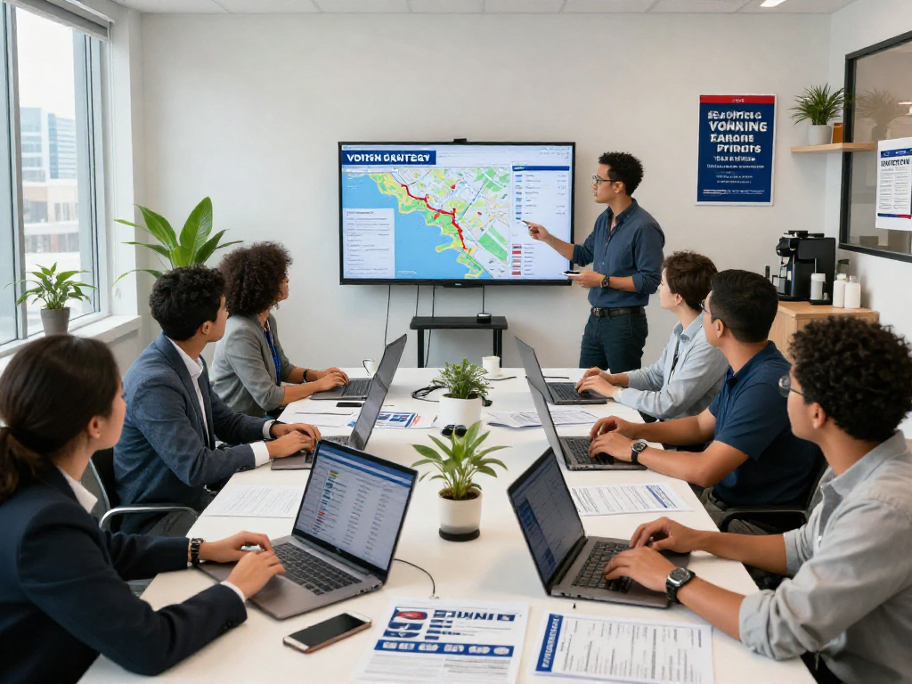 Team strategizing in a modern political campaign office, showcasing effective opposition research firm tools and data.