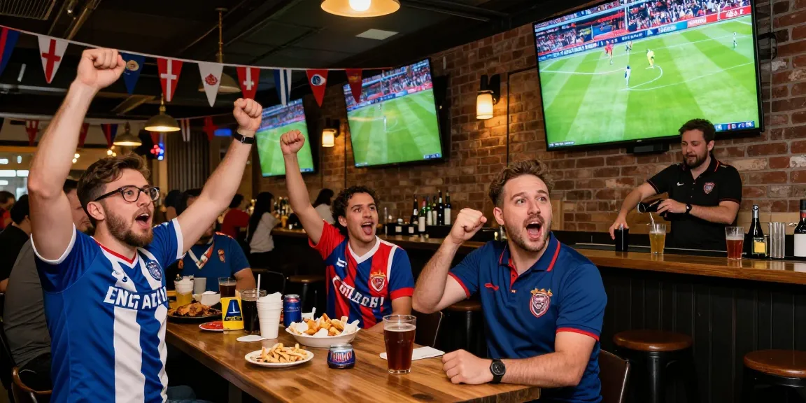 Menonton bola dengan antusias di bar olahraga dengan layar besar.