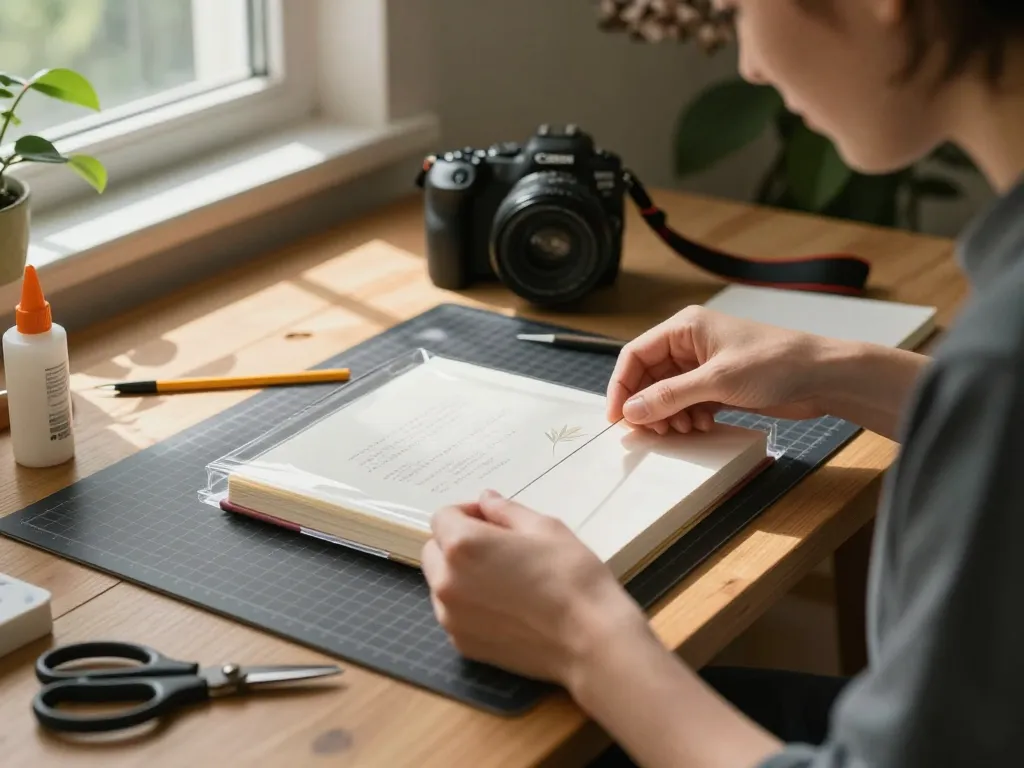 Learn cách bóc bìa ép plastic while peeling a protective cover in a crafting workspace.