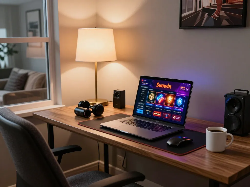 Engaging gaming setup featuring Sunwin app on a laptop, illustrating responsible online gambling.