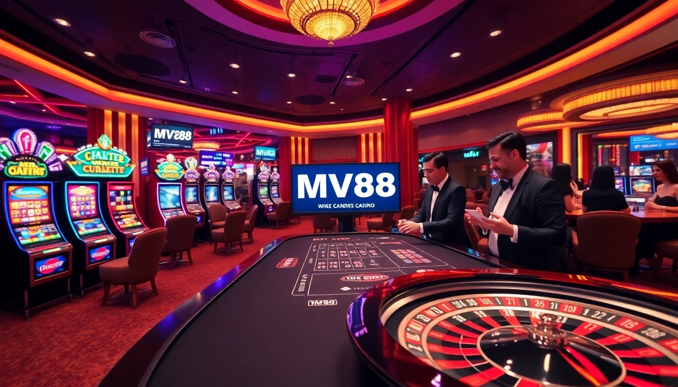 Players engaging with MV88 gaming interface amid an exciting casino backdrop, showcasing vibrant slot machines.