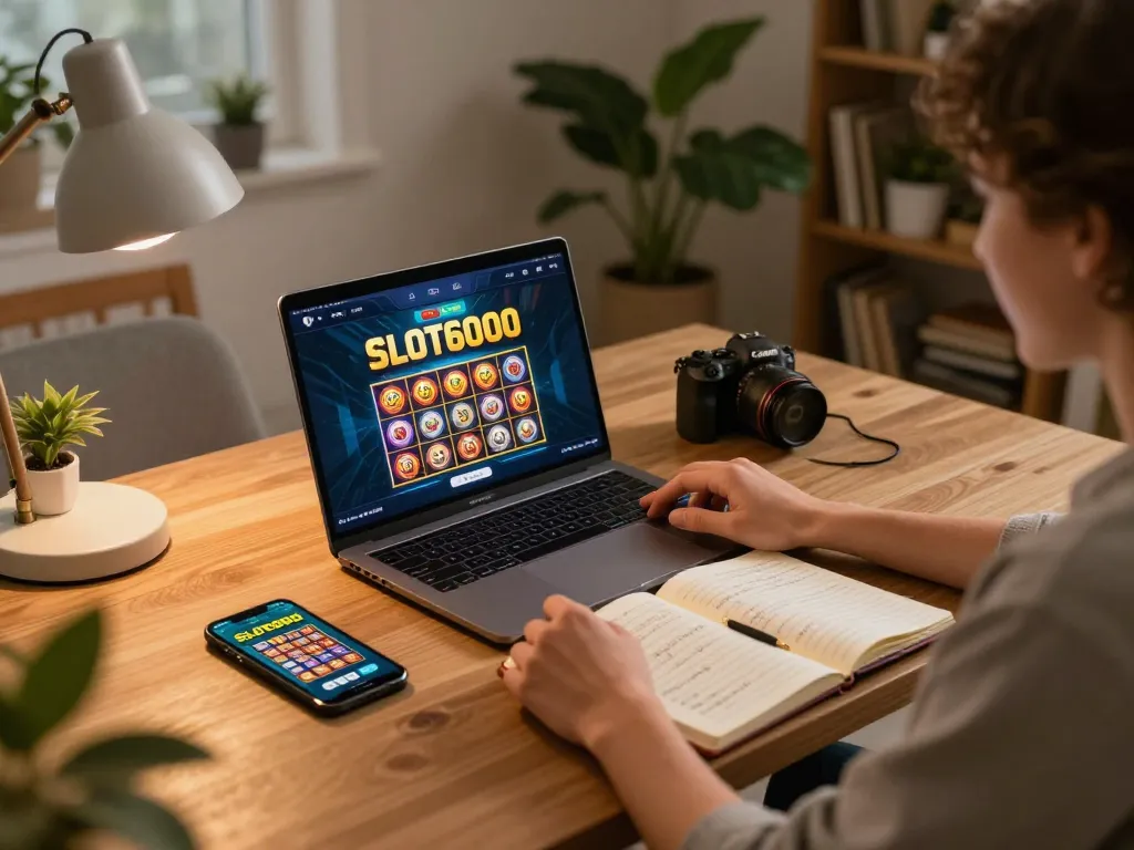 Player enjoying SLOT6000 game on laptop at home with strategic notes and smartphone nearby.