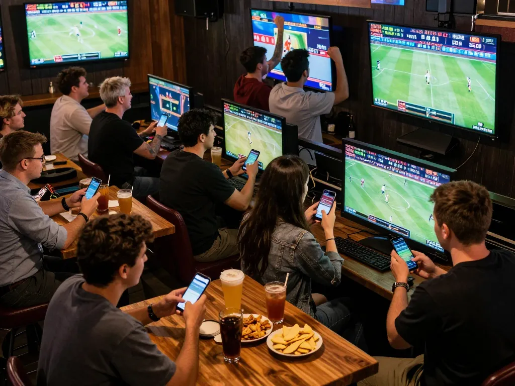 Engaged sports fans checking SBO BET odds at a lively sports bar filled with excitement.