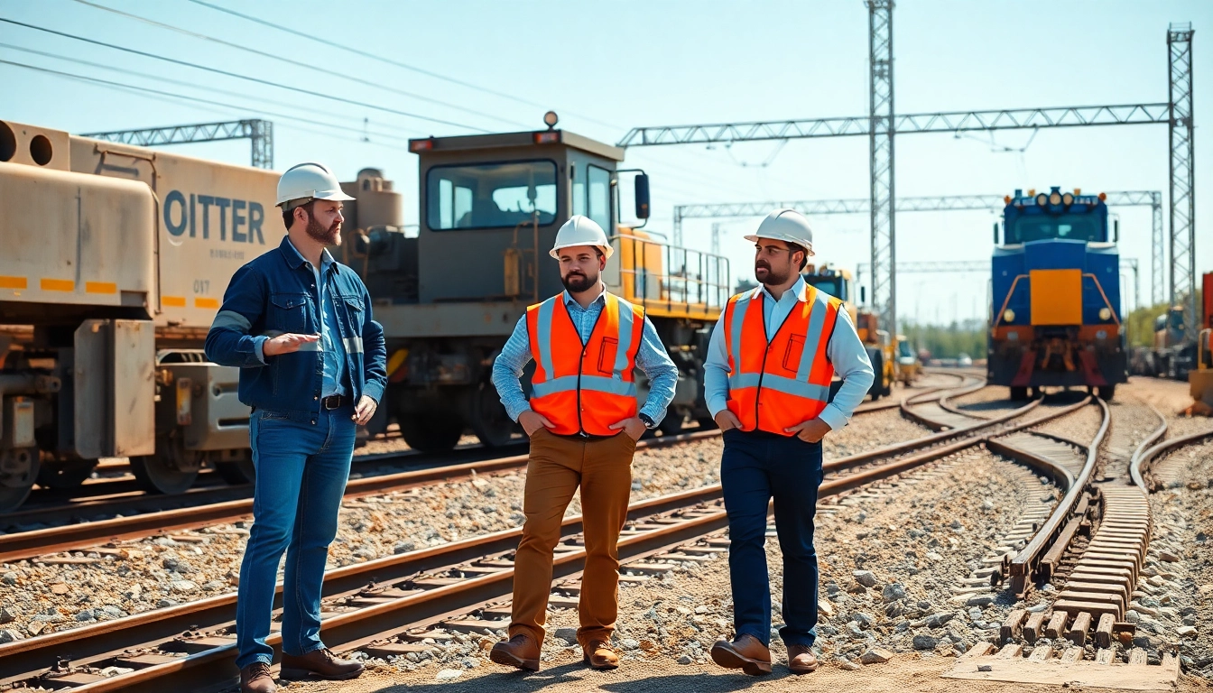 Railroad Contractors overseeing construction with heavy machinery at a vibrant site.