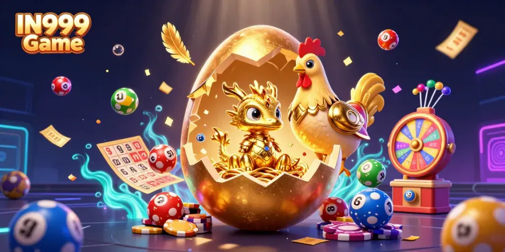 Bet on the IN999 Game with a dynamic scene featuring a golden egg and dragon in a casino.