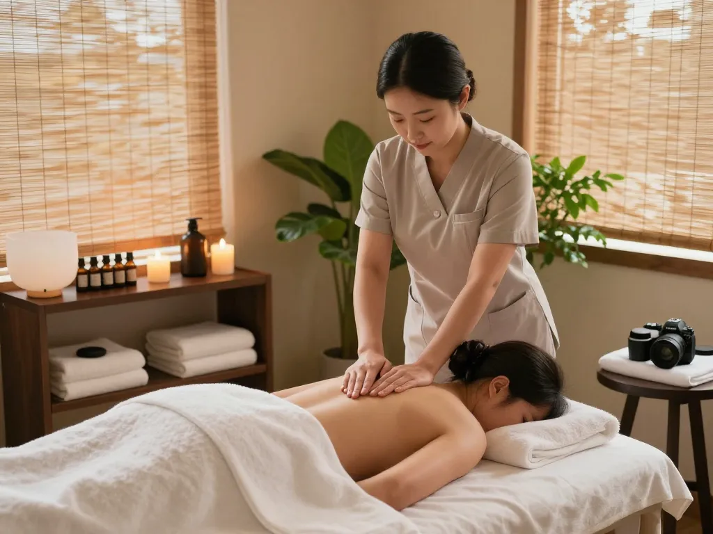 Client receiving a soothing 삼산동마사지 in a calming spa setting with aromatic candles and green plants.