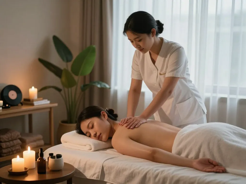 편안한 스파 환경에서 진정한 논현동 마사지 세션을 받고 있는 고객, 차분한 양초와 식물로 분위기를 더하다.