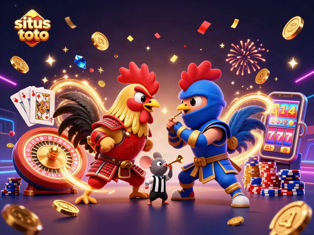 Situs toto highlights a 3D showdown between samurai and ninja roosters amid cascading casino riches.