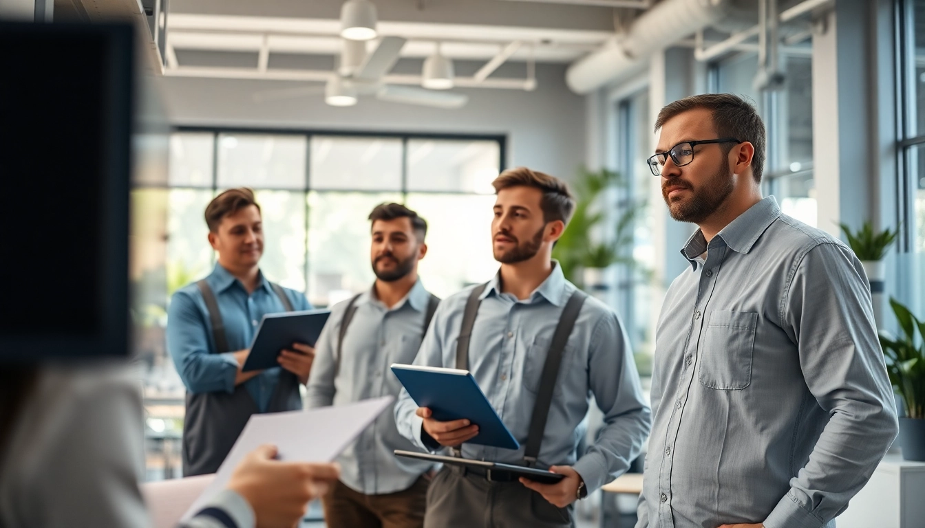 Technicians engaged in general building maintenance within a modern office environment.