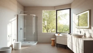 Vibrant bathroom scene highlighting sirhona France products like a sleek mirror and shower.