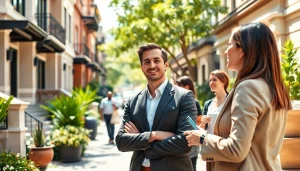 Real Estate agent showcasing luxury properties in a vibrant urban neighborhood.