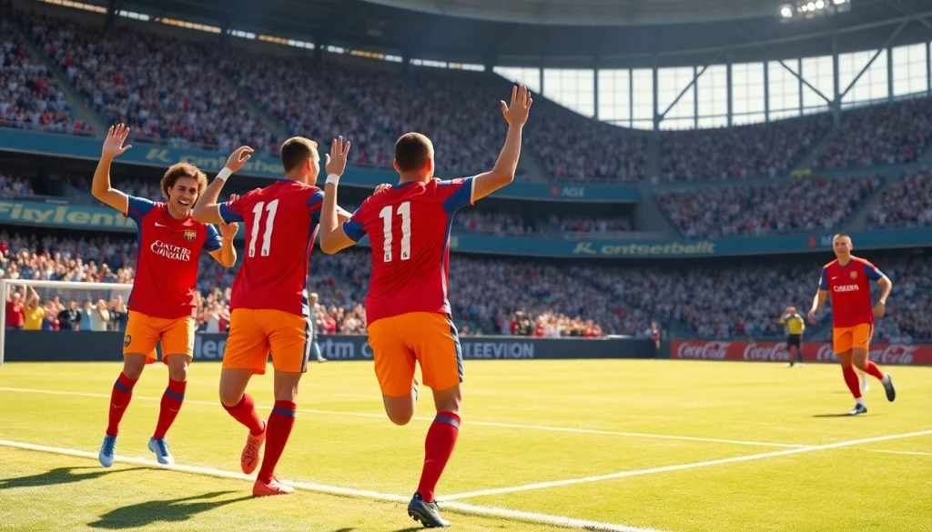 Soccer players celebrating in their vibrant team kit during a match, showcasing teamwork and spirit.