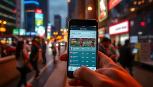 Highlighting sports betting apps India on a mobile device in a vibrant urban setting.