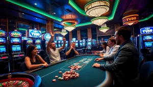 Gamblers enjoying a thrilling game at TV88 casino, surrounded by vibrant slot machines and poker tables.