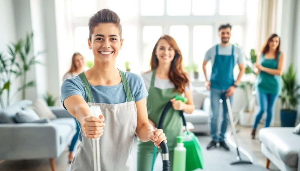 Efficient cleaning service team providing professional cleaning in a cozy home environment.