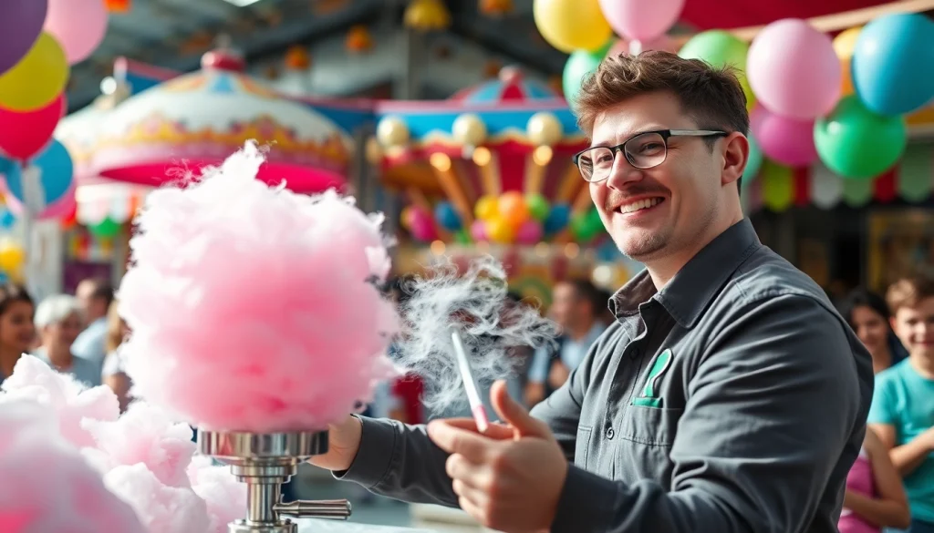 Genieten van heerlijke wafel katoen in een levendige kermissfeer vol kleur.