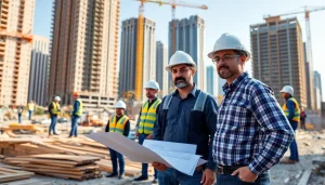 Manhattan General Contractor supervising a vibrant construction site with workers and blueprints.