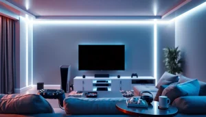 Elevate your gaming with the TV88 setup in a modern living room featuring stylish designs.
