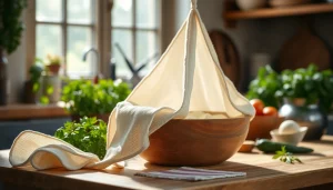 Kaasdoek als basis voor het maken van verse kaas in een landelijke keuken.