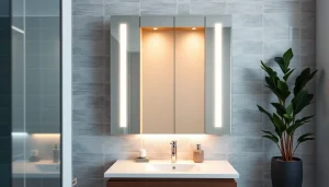 Verwenden Sie den sonni Spiegelschrank mit elegantem Design und LED-Beleuchtung in einem modernen Badezimmer.