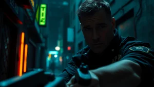 Protagonist from A Deadly Chance ready for action in a gritty urban setting illuminated by neon lights.