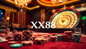 Engage in thrilling games at XX88 casino with vibrant poker chips and elegant tables.