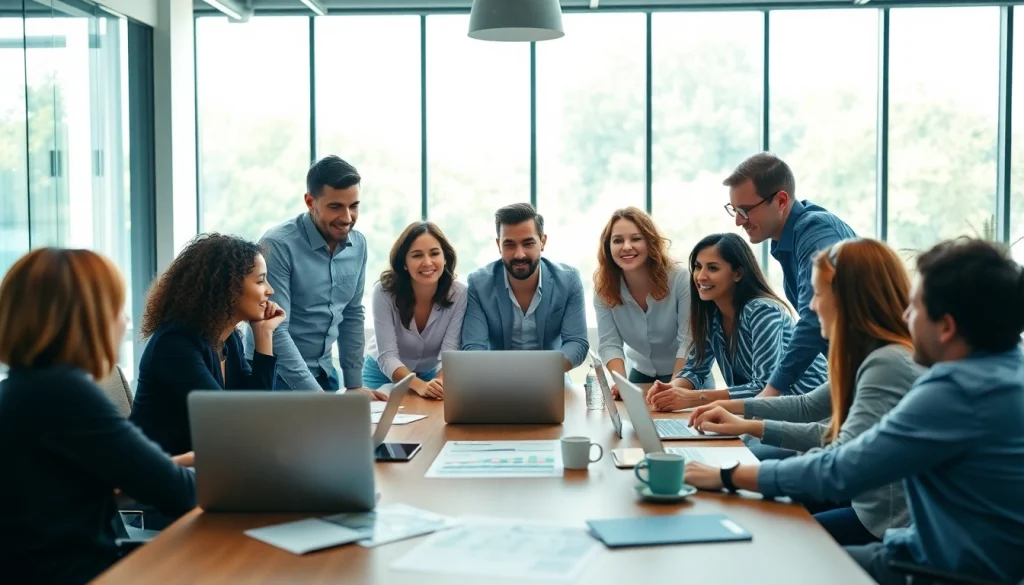 Local SEO marketing company team collaborating effectively in a bright office.