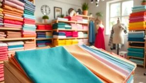 Katoen stoffen op een kleurrijke manier gepresenteerd in een stoffenwinkel met natuurlijk licht.