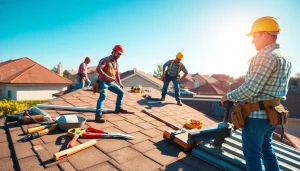 Team providing reliable roofing services on a suburban home, showcasing professionalism and teamwork.