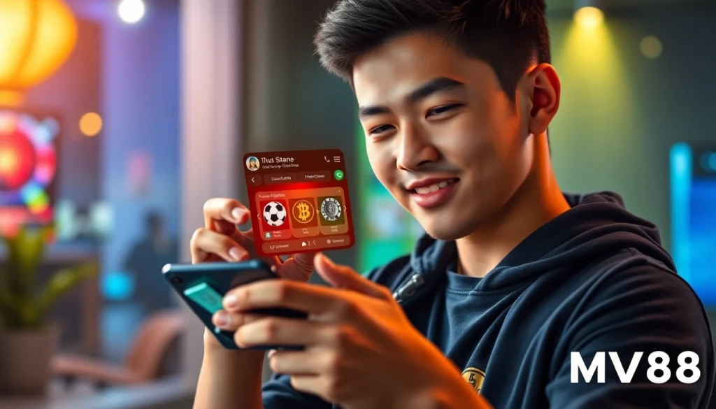 Engaging user exploring MV88 online gambling platform via smartphone, emphasizing secure USDT transactions.