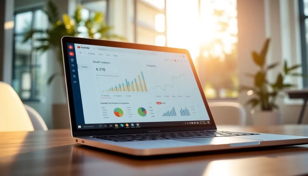 Analyze analytics features of a youtube smm panel on a laptop screen in a modern setting