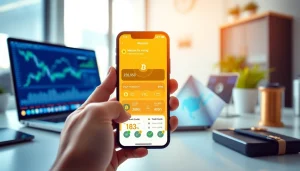 Cloud mining app interface displayed on a smartphone in a modern workspace.
