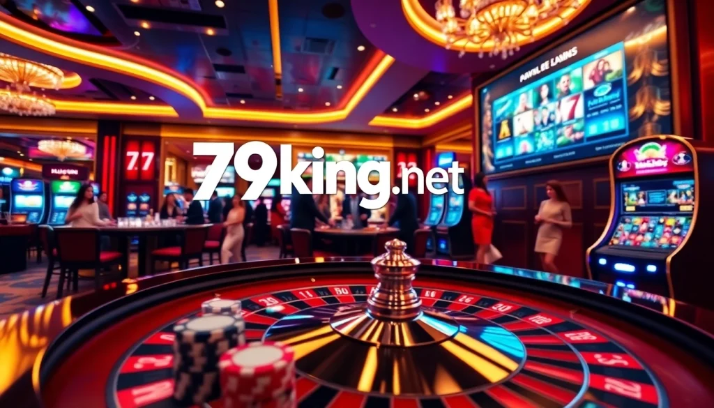 Experience the excitement of 79king net with vibrant casino games, roulette, and poker chips.