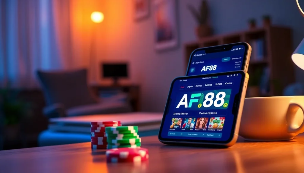 Experience AF88's user-friendly gambling platform on a smartphone in a stylish home office.