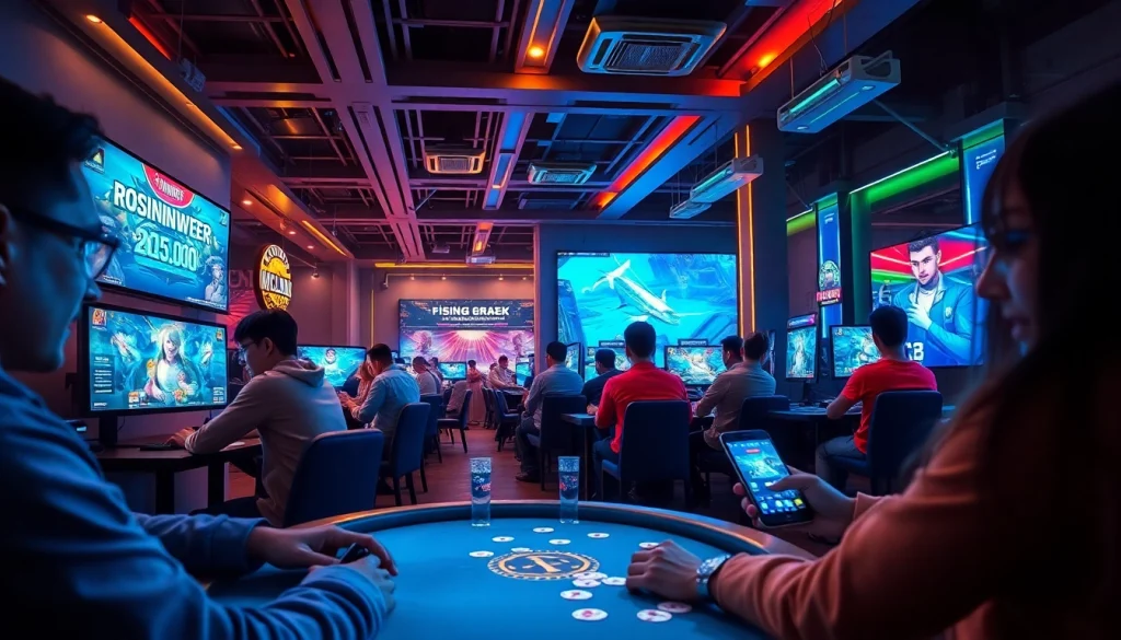 Exciting online gaming environment at XX88 with players in action and modern tech elements.