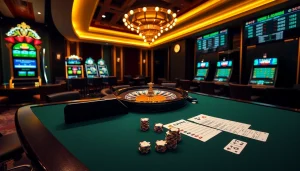 Experience the thrill of nhà cái f168 in this luxurious casino scene featuring vibrant gambling tables and slot machines.