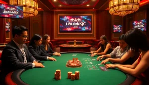 Exciting casino gameplay at a poker table featuring Liên Minh KJC branding with vibrant poker chips.