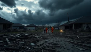 Illustration of Florida Hurricane Damage showing aftermath and rescue efforts amidst ruined homes.