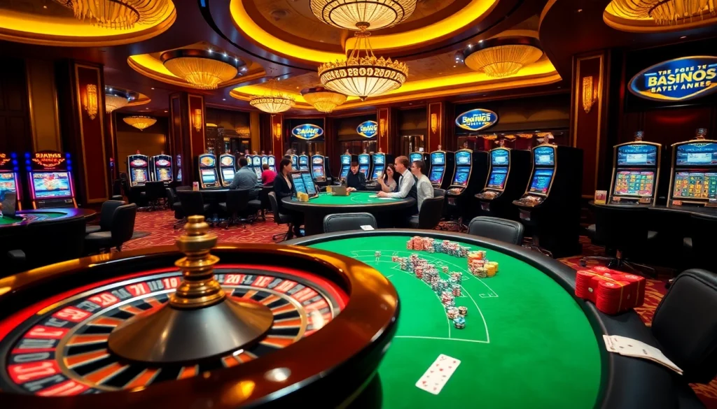 AF88 casino scene showcasing vibrant poker tables and excited players amid glowing slot machines.