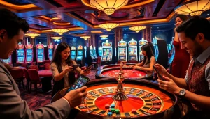 Players enjoying the exciting okwin app on their devices in a luxurious casino environment.