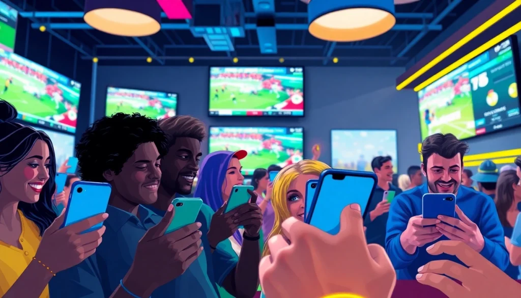 Excited fans using sports betting apps Georgia at a bustling sports bar during live games.
