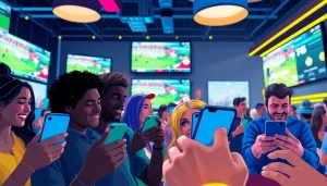 Excited fans using sports betting apps Georgia at a bustling sports bar during live games.