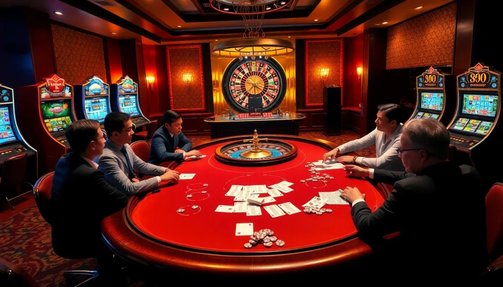 Engaging atmosphere of jeetbuzz ক্যাসিনো with poker tables, roulette wheel, and exciting slot machines.